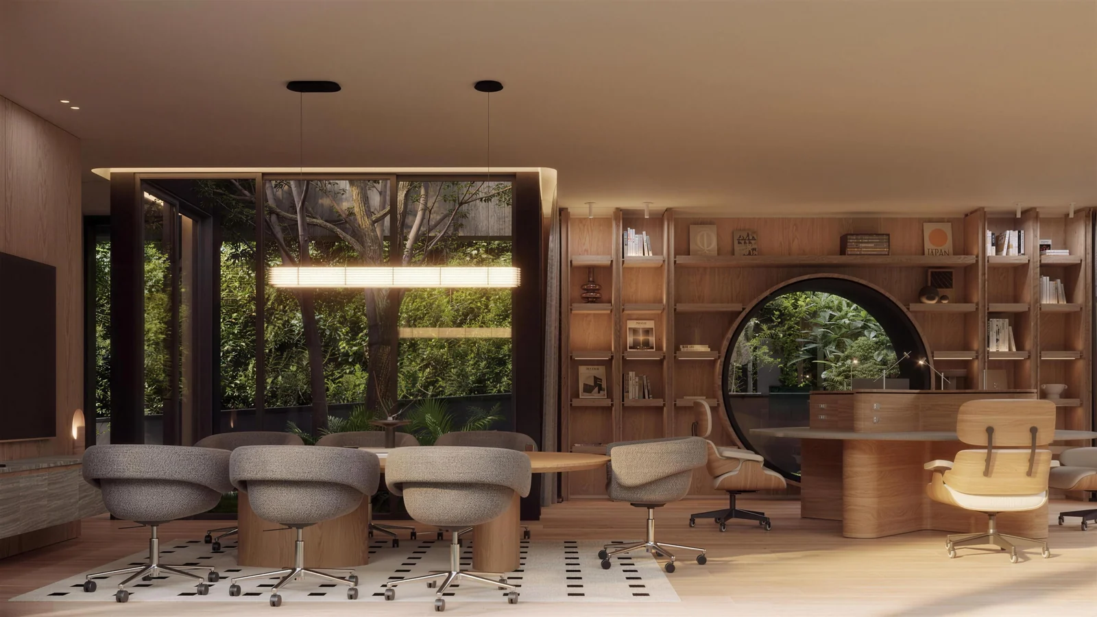 Rendering of the conference table with grey chairs under a linear pendant, in front of the library wall