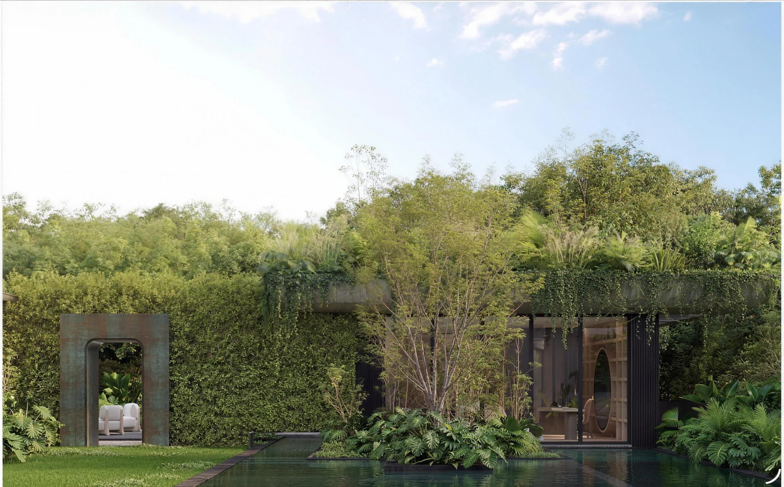 Rendering of the garden: lawn, reflecting pool, clipped hedge with a corten portal and the low planted pavilion
