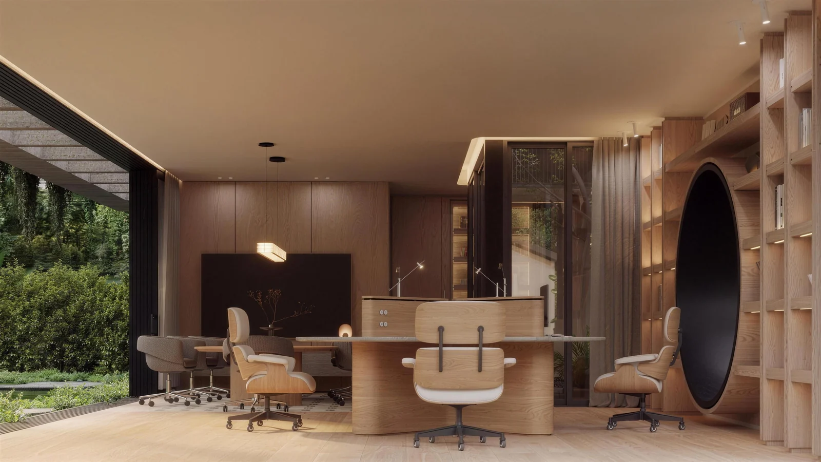 Rendering of the office interior with a curved oak desk, leather chairs, oak shelving and a large round window